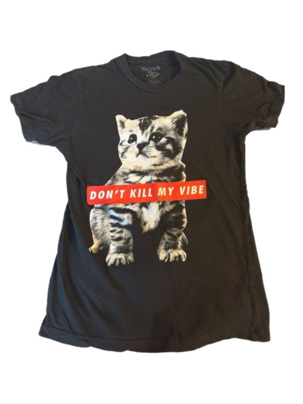 Women’s small black  graphic tshirt “don’t kill my vibes” cat
